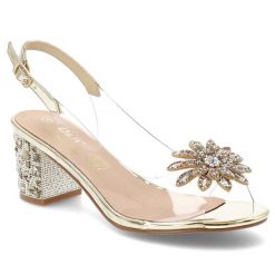 Sandały damskie S. Barski, na zdobionym obcasie z kwiatem transparentne i na sprzączkę, złote, MR51-002. Żółte sandały damskie S.BARSKI, z aplikacjami, ze skóry, bez obcasa, na obcasie, bez zapięcia. Za 149.00 zł.
