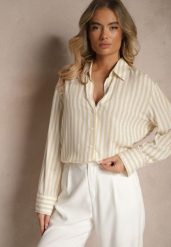 Jasnobeżowa Koszula z Bawełny w Pionowe Prążki z Cyrkoniami Jarilea. Brązowe bluzki damskie Renee, l, bez wzorów, z bawełny, biznesowe, bez kołnierzyka, bez ramiączek. Za 89.99 zł.