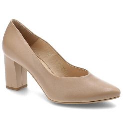 Beżowe Czółenka Clasicco Eleganckie Skórzane Buty. Brązowe czółenka damskie Clasicco, z aplikacjami, z materiału, eleganckie, bez obcasa, na słupku, bez zapięcia. Za 379.00 zł.