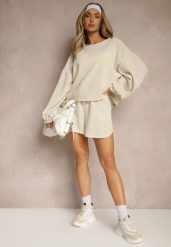 Beżowy Basicowy Komplet Szorty i Bluza Novirissa. Brązowe bluzy damskie Renee, na lato, bez wzorów, z materiału, bez kaptura. Za 129.99 zł.