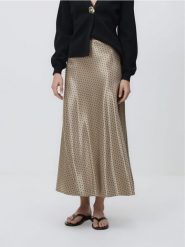 Spódnica midi w groszki - wielobarwny. Spódnice damskie Reserved, l, bez wzorów, z tkaniny, midi, rozkloszowane. Za 129.99 zł.