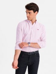 Bawełniana męska koszula REGULAR FIT w drobne paski – różowa V2 OM-SHOS-0170 - XXL. Czerwone koszule męskie Ombre Clothing, l, bez wzorów, z bawełny, klasyczne, bez kołnierzyka, bez ramiączek. W wyprzedaży za 109.99 zł.