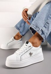 Białe Sneakersy na Platformie z Metaliczną Ozdobą w Kształcie Owada i Brokatem Lientia. Białe obuwie sportowe damskie Renee, z aplikacjami. Za 89.99 zł.