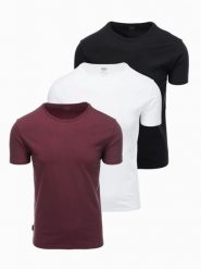 Zestaw bawełnianych t-shirtów męskich BASIC z okrągłym dekoltem – czarny/biały/bordowy V6 - Rozmiar: XXL. Czerwone t-shirty męskie Ombre Clothing, m, bez wzorów, z bawełny, klasyczne, bez kołnierzyka. Za 149.99 zł.
