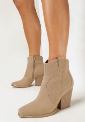 Beżowe Botki Kowbojki na Stożkowym Obcasie Darcce. Brązowe botki damskie Born2be, z jeansu, eleganckie, bez obcasa, na obcasie, bez zapięcia. Za 79.99 zł.