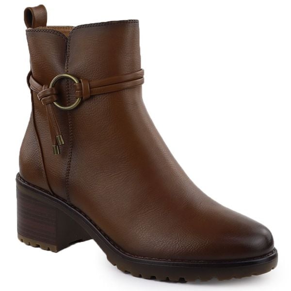 Botki damskie ocieplane na klocku brązowe Potocki SZ12527. Brązowe botki damskie POTOCKI, ze skóry ekologicznej, eleganckie, bez obcasa, bez zapięcia. Za 189.99 zł.