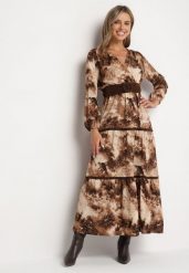 Brązowa Sukienka o Kopertowym Kroju w Abstrakcyjny Wzór z Gumką i Paskiem w Talii Edinolla. Brązowe sukienki damskie Born2be, na co dzień, l, bez wzorów, eleganckie, bez kołnierzyka, bez ramiączek, maxi, kopertowe. Za 64.99 zł.