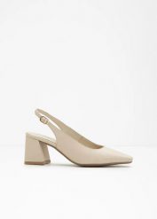 Czółenka skórzane z odkrytą piętą. Niebieskie czółenka damskie bonprix, bez wzorów, eleganckie, bez obcasa, bez zapięcia. Za 219.99 zł.