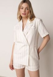 Beżowy Komplet z Bawełną i Wiskozą Dwurzędowa Bluzka i Szorty w Paski Vervain. Brązowe bluzki damskie Born2be, m, bez wzorów, z bawełny, eleganckie, bez kołnierzyka, bez ramiączek. Za 329.99 zł.