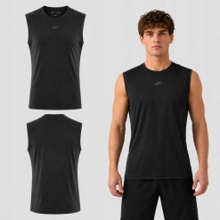 KOSZULKA BEZ RĘKAWÓW 4F T-SHIRT MĘSKI SPORTOWY TRENINGOWY. Czarne koszulki sportowe męskie 4f, m, bez wzorów, z dresówki, biznesowe, bez kołnierzyka. Za 79.99 zł.