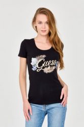 GUESS Damski czarny t-shirt ze zdobionym logo. Czarne t-shirty damskie Guess, s, z aplikacjami, bez kołnierzyka. W wyprzedaży za 199.99 zł.