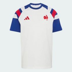 Męska koszulka Francja Rugby Travel. Białe koszulki sportowe męskie Adidas, l, bez wzorów, z bawełny, bez kołnierzyka, bez ramiączek. Za 199.00 zł.
