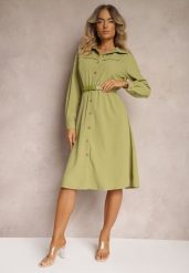 Jasnozielona Koszulowa Sukienka z Gumką w Pasie i Materiałowym Paskiem Giseria. Zielone sukienki damskie Renee, l, bez wzorów, z materiału, eleganckie, bez kołnierzyka, bez ramiączek, midi, dopasowane. Za 99.99 zł.