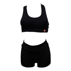 SBP-01 (komplet sportowy - biustonosz + krótkie spodenki). Czarne szorty sportowe damskie BARNETT, bez wzorów, z elastanu, eleganckie, z podwyższonym stanem, na fitness i siłownię. Za 45.00 zł.