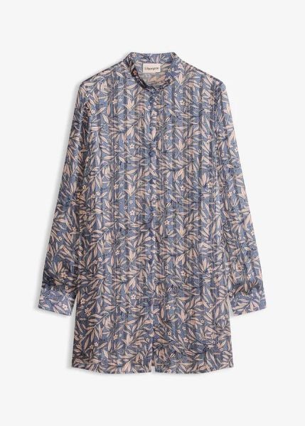 Długa bluzka z szyfonu. Niebieskie bluzki damskie bonprix, bez wzorów, z szyfonu, eleganckie, bez kołnierzyka, bez ramiączek. Za 144.99 zł.