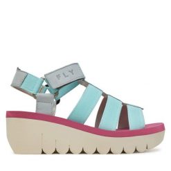 Sandały Fly London. Niebieskie sandały damskie Fly London, bez wzorów, bez obcasa, na koturnie, bez zapięcia. Za 279.99 zł.