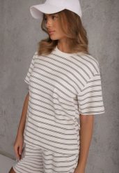 Biało-Czarny T-shirt z Bawełny Ozdobiony Poziomymi Paskami Nautida. Czarne t-shirty damskie Renee, l, bez wzorów, z bawełny, bez kołnierzyka. Za 59.99 zł.