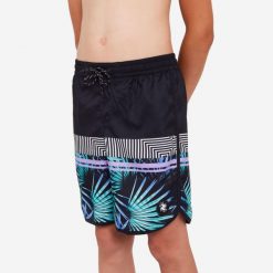 Spodenki surfingowe dla dzieci Olaian 500 Palmsand. Czarne kąpielówki dla chłopców Decathlon, bez wzorów, z poliesteru. Za 39.99 zł.