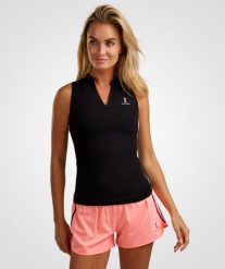 Damska koszulka do tenisa/padela/golfa Elegance czarna. Czarne koszulki sportowe damskie NORDICDOTS, bez wzorów, z materiału, bez kołnierzyka, bez ramiączek, na fitness i siłownię. Za 250.00 zł.