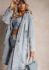 Jasnoniebieska Długa Kurtka Jeansowa z Bawełny z Przetarciami i Troczkiem w Talii Rileni. Niebieskie kurtki damskie Renee, l, bez wzorów, z bawełny, bez kaptura. Za 199.99 zł.