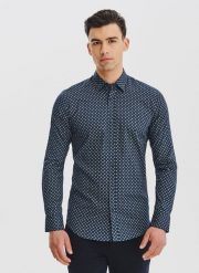 PAKO LORENTE - Granatowa koszula męska we wzór geometryczny. Koszule męskie Pako Lorente, na jesień, m, bez wzorów, z bawełny, bez kołnierzyka, bez ramiączek. Za 119.99 zł.