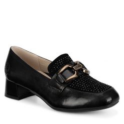 Półbuty Rieker. Czarne półbuty damskie Rieker, bez wzorów, bez obcasa, na obcasie, bez zapięcia. Za 379.99 zł.