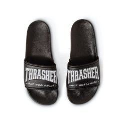 Klapki basenowe unisex HUF x Thrasher. Czarne klapki damskie HUF, bez wzorów, bez obcasa. W wyprzedaży za 135.00 zł.
