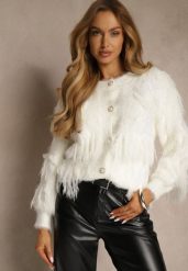 Jasnobeżowy Kardigan w Eleganckim Stylu z Imitacją Piór i Perłowymi Guzikami Nessea. Brązowe kardigany damskie Renee, s, bez wzorów, z jeansu, eleganckie. Za 79.99 zł.