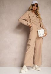 Ciemnobeżowy Kombinezon w Stylu Utility Taliowany Liarael. Brązowe sukienki damskie Renee, na co dzień, l, bez wzorów, eleganckie, bez kołnierzyka, bez ramiączek. Za 79.99 zł.