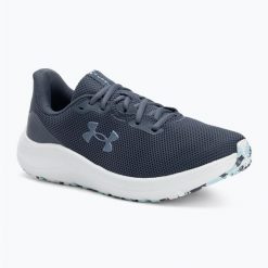 Buty do biegania damskie Under Armour Charged Pursuit 4 downpourdownpour gravel. Niebieskie obuwie sportowe damskie Under Armour, bez wzorów, do biegania. Za 209.99 zł.