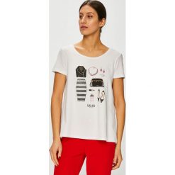 Liu Jo - Top. Białe topy damskie marki Liu Jo, z nadrukiem, z bawełny, z włoskim kołnierzykiem, z krótkim rękawem. Za 399.90 zł.