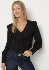 Czarna Koszula Vices z Bufiastymi Rękawami i Żabotem z Falbanami Zoivia. Czarne bluzki damskie Born2be, l, z aplikacjami, z jeansu, biznesowe, bez kołnierzyka, bez ramiączek. Za 99.99 zł.