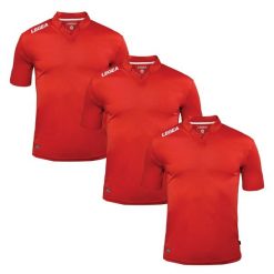 3 Koszulki piłkarskie AJACCIO czerwone. Czerwone koszulki sportowe męskie Legea, bez wzorów, bez kołnierzyka, bez ramiączek, do piłki nożnej. W wyprzedaży za 107.50 zł.