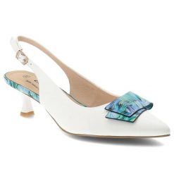 Czółenka damskie S.Barski, slingback ze skóry naturalnej z dekoracyjną aplikacją na niskim obcasie zapinane sprzączką, białe, LZ61-2006. Białe czółenka damskie S.BARSKI, z aplikacjami, ze skóry, eleganckie, bez obcasa, na obcasie, bez zapięcia. Za 233.90 zł.