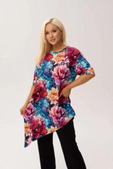 Wiskozowa tunika asymetryczna Capri Peony w print w piwonie OVERSIZE PLUS SIZE XXL WIOSNA LATO. Białe bluzki damskie Moda Size Plus Iwanek, l, bez wzorów, z dzianiny, eleganckie, z asymetrycznym kołnierzem, plus size, bez ramiączek. Za 229.90 zł.