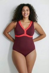 Damski Strój kąpielowy obszycia miękkie miseczki głębokie plecy z recyklingu. Fioletowe kostiumy jednoczęściowe damskie Ulla Popken, plus size, bez wzorów, z elastanu, plus size, do pływania. Za 191.99 zł.