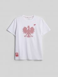 4F Koszulka kibica męska - biała L. Białe koszulki sportowe męskie 4f, l, bez wzorów, z dzianiny, bez kołnierzyka, bez ramiączek. Za 79.99 zł.