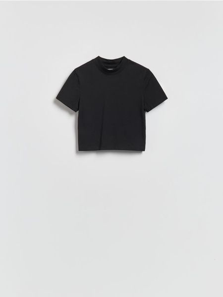 T-shirt z bawełną - czarny. Czarne t-shirty damskie Reserved, l, bez wzorów, z bawełny, bez kołnierzyka. Za 25.99 zł.