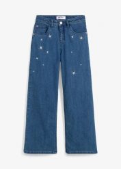 Jeanys wide leg z haftem, mid waist. Niebieskie jeansy dla dziewczynek bonprix, z jeansu. Za 112.99 zł.