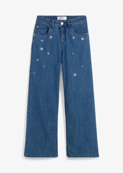 Jeanys wide leg z haftem, mid waist. Niebieskie jeansy dla dziewczynek bonprix, z jeansu. Za 112.99 zł.