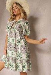 Zielona Sukienka z Wiskozowej Tkaniny w Mozaikowy Wzór Boho Naviera. Zielone sukienki damskie Renee, na imprezę, na lato, l, bez wzorów, z tkaniny, boho, bez kołnierzyka, bez ramiączek, mini. Za 69.99 zł.