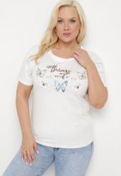 Biały Bawełniany T-shirt Koszulka z Krótkim Rękawem z Nadrukiem i Cyrkoniami Qumara. Białe bluzki damskie Born2be, xl, z aplikacjami, z bawełny, klasyczne, bez kołnierzyka, bez ramiączek. Za 34.99 zł.