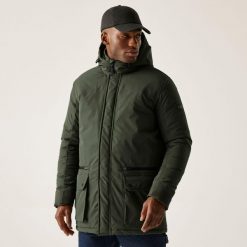 Kurtka męska zimowa ocieplana Rhodo. Zielone kurtki sportowe męskie Regatta, na zimę, m, bez wzorów, z puchu, trekkingowe. W wyprzedaży za 399.99 zł.