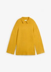 Sweter oversize ze stójką i rozcięciami po bokach. Żółte swetry damskie bonprix, bez wzorów, bez kołnierzyka, bez ramiączek, bez kaptura. Za 119.99 zł.