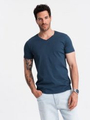 Klasyczna męska bawełniana koszulka z dekoltem w serek BASIC – ciemnoniebieska V13 OM-TSBS-0145 - S. Niebieskie t-shirty męskie Ombre Clothing, m, bez wzorów, z bawełny, klasyczne, bez kołnierzyka. W wyprzedaży za 24.99 zł.