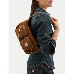 Torebka Guess Jeans. Brązowe torebki do ręki damskie Guess Jeans, z aplikacjami, z jeansu, klasyczne, bez dodatków. Za 259.99 zł.