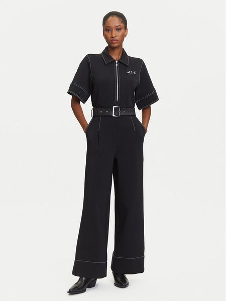 KARL LAGERFELD Kombinezon A3W13047 Czarny Regular Fit. Czarne sukienki damskie KARL LAGERFELD, s, bez wzorów, z bawełny, bez kołnierzyka, bez ramiączek. Za 799.99 zł.