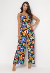 Czarno-Niebieski Kombinezon na Cienkich Ramiączkach Wiązany w Pasie Ozdobiony Kwiatowym Printem Yahir. Czarne sukienki damskie Born2be, na lato, l, bez wzorów, bez kołnierzyka, bez ramiączek. Za 99.99 zł.