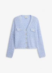 Kardigan z przędzy bouclé. Niebieskie kardigany damskie bonprix, bez wzorów, eleganckie. Za 189.99 zł.