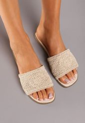Beżowe Płaskie Klapki z Plecioną Cholewką Evisha. Brązowe klapki damskie Born2be, bez wzorów, eleganckie, bez obcasa, na obcasie. Za 54.99 zł.